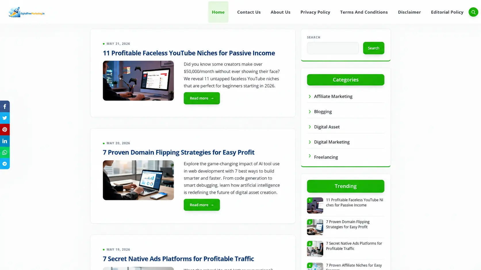 Desktop screenshot of the Digital Free Marketing homepage used as a live project example