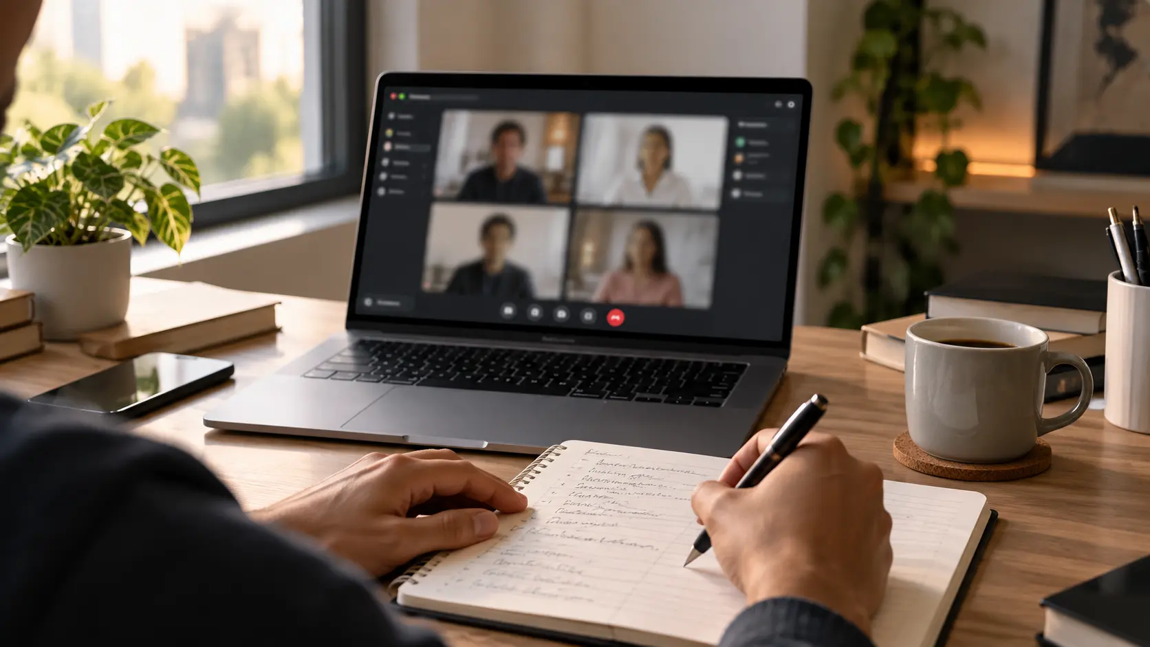 Freelancer taking notes during a discovery call with an overseas client