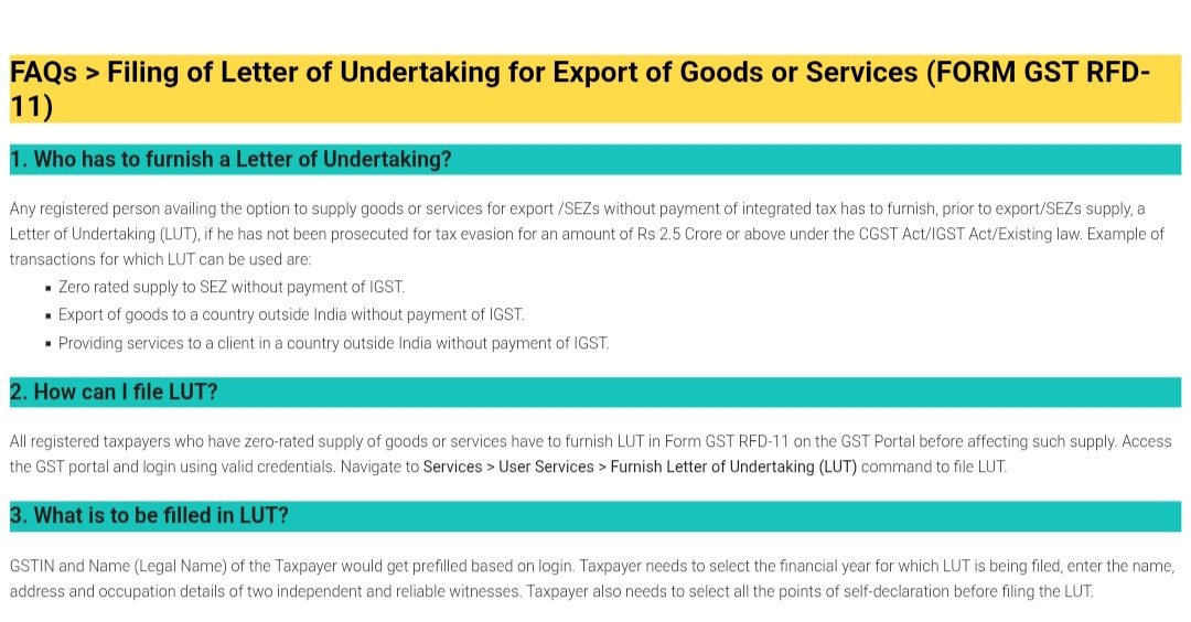 GST portal FAQ on filing a Letter of Undertaking in Form GST RFD-11, explaining who needs one for exports of services