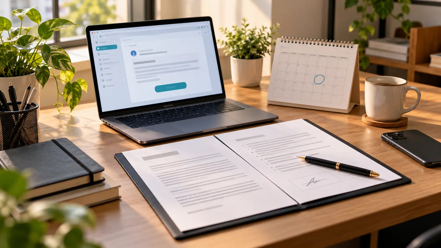 Client onboarding kit on a desk: a signed scope, an access invite on the laptop and a first report date on the calendar