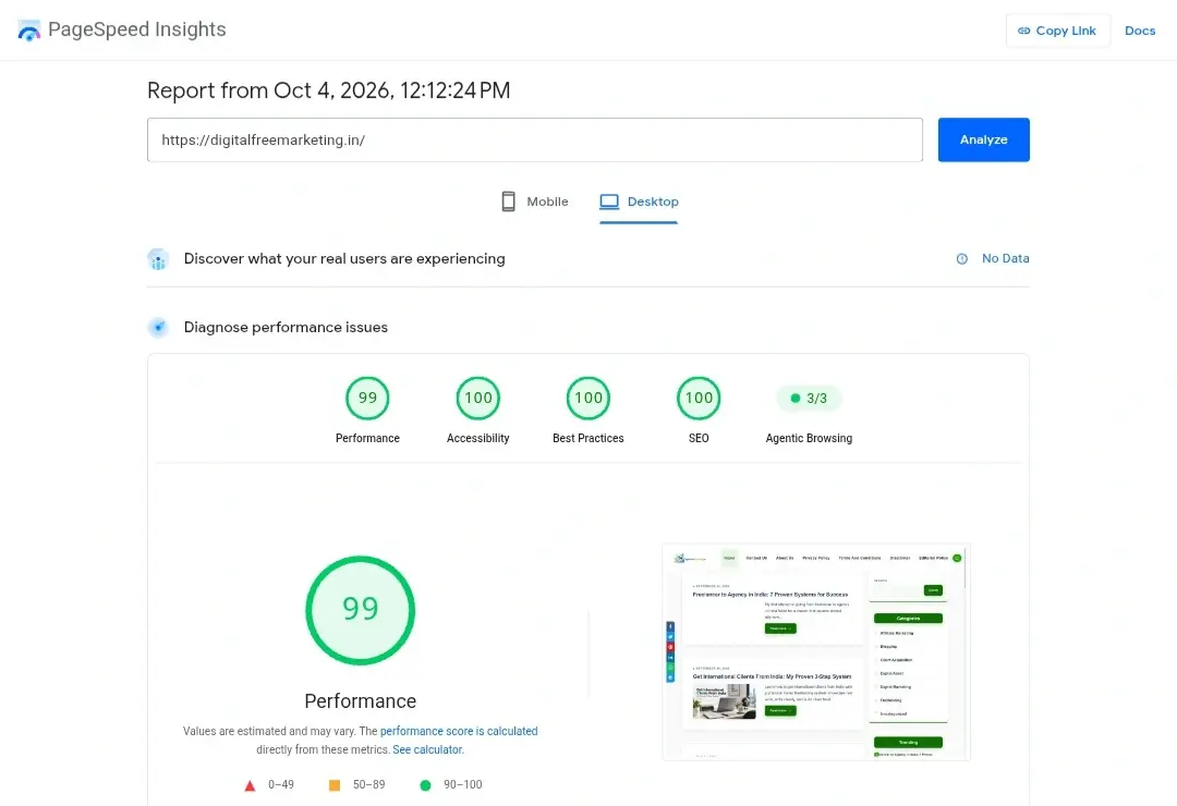 Google PageSpeed Insights desktop report for the same WordPress site: 99 for performance and 100 for accessibility, best practices and SEO
